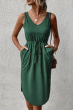 DRAWSTRING V NECK SLEEVELESS SLIM DRESS - Doublju