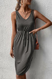 DRAWSTRING V NECK SLEEVELESS SLIM DRESS - Doublju