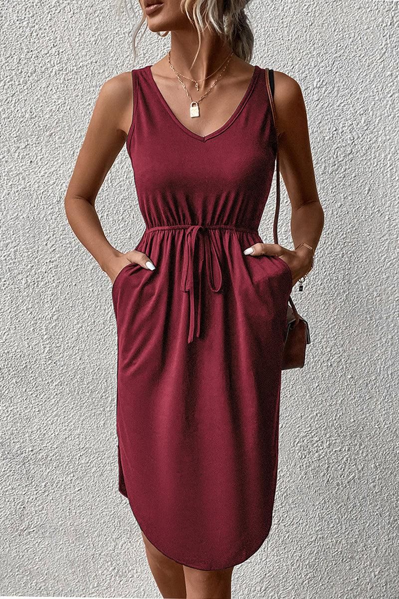 DRAWSTRING V NECK SLEEVELESS SLIM DRESS - Doublju