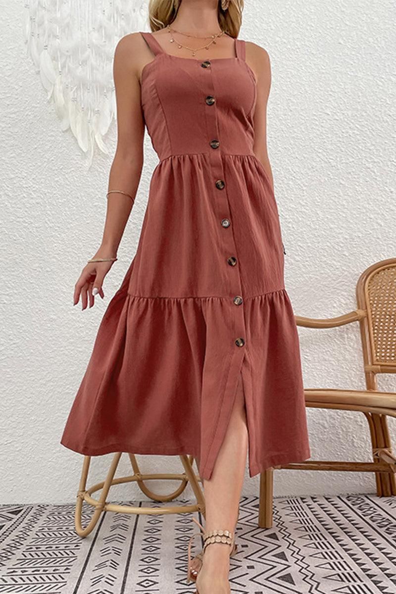 BUTTON UP SUSPENDER CAKE DRESS - Doublju