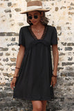 LACE POINT V NECK FLARE PUFF DRESS - Doublju