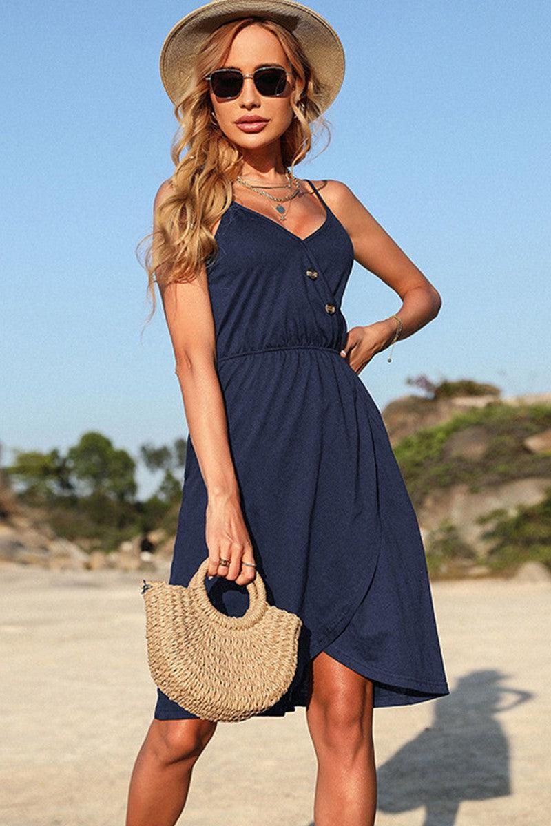 V NECK BUTTON TIGHTEN WAIST CAMISOLE DRESS - Doublju