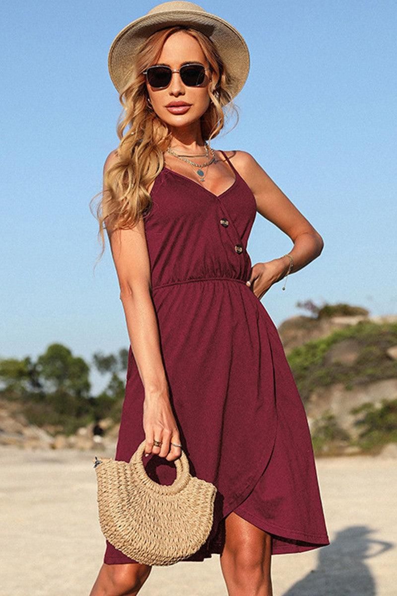 V NECK BUTTON TIGHTEN WAIST CAMISOLE DRESS - Doublju