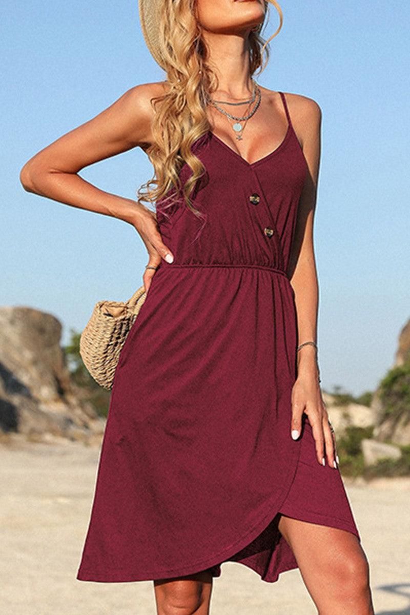 V NECK BUTTON TIGHTEN WAIST CAMISOLE DRESS - Doublju