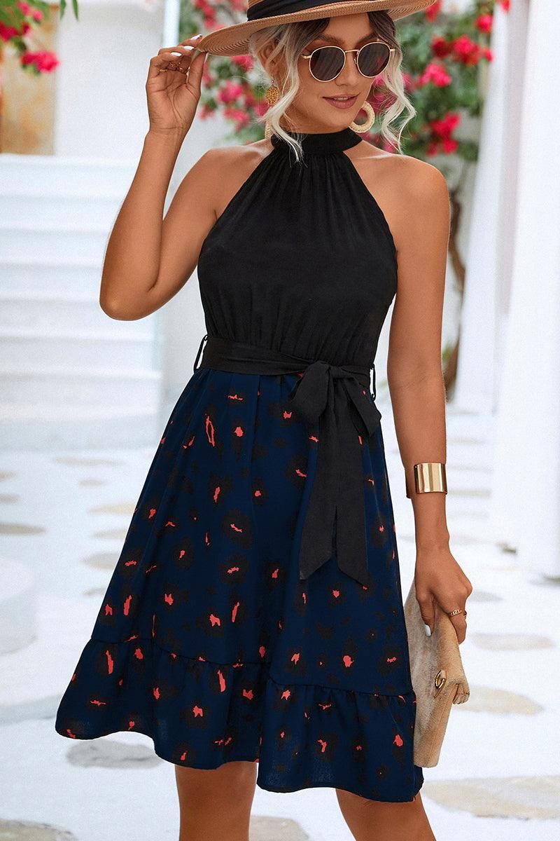 LEOPARD PRINTING SKIRT HALTER DRESS - Doublju