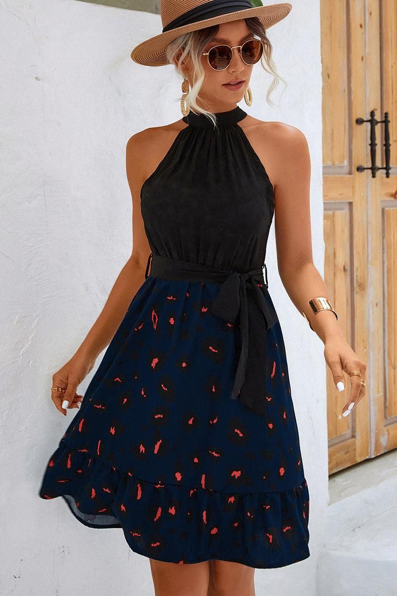 LEOPARD PRINTING SKIRT HALTER DRESS - Doublju