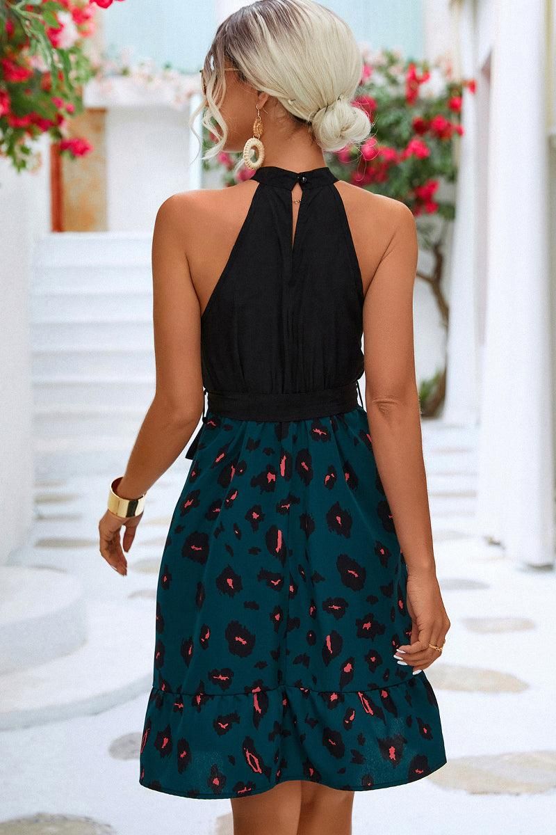 LEOPARD PRINTING SKIRT HALTER DRESS - Doublju