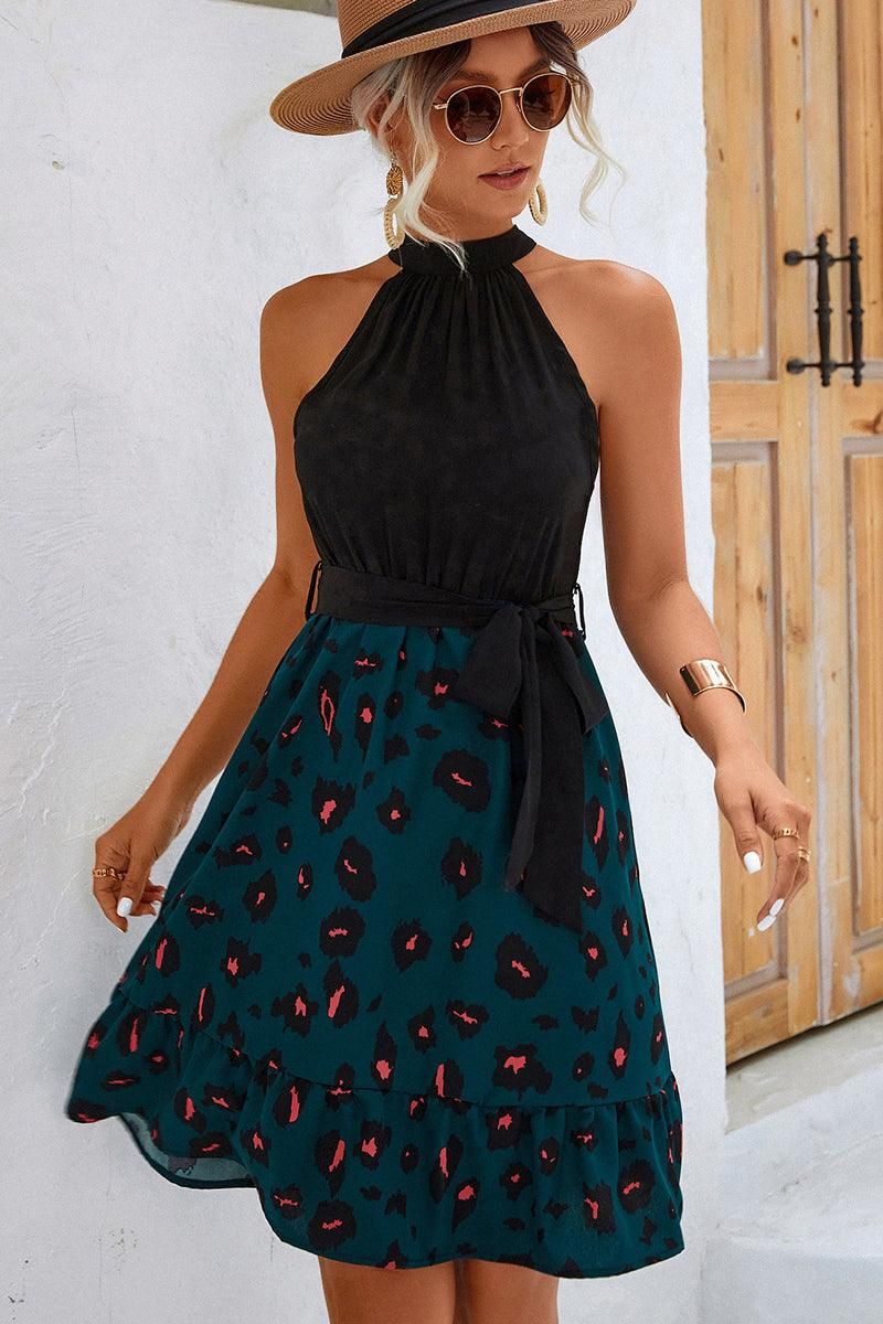 LEOPARD PRINTING SKIRT HALTER DRESS - Doublju