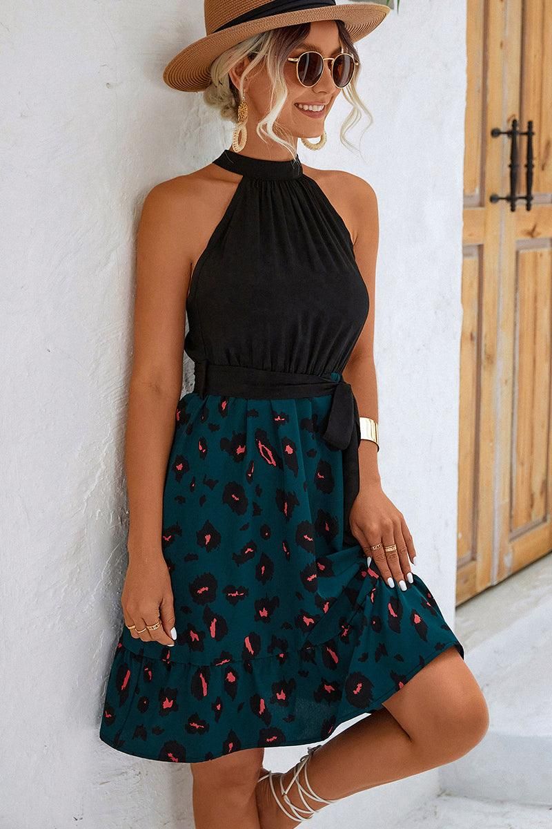 LEOPARD PRINTING SKIRT HALTER DRESS - Doublju