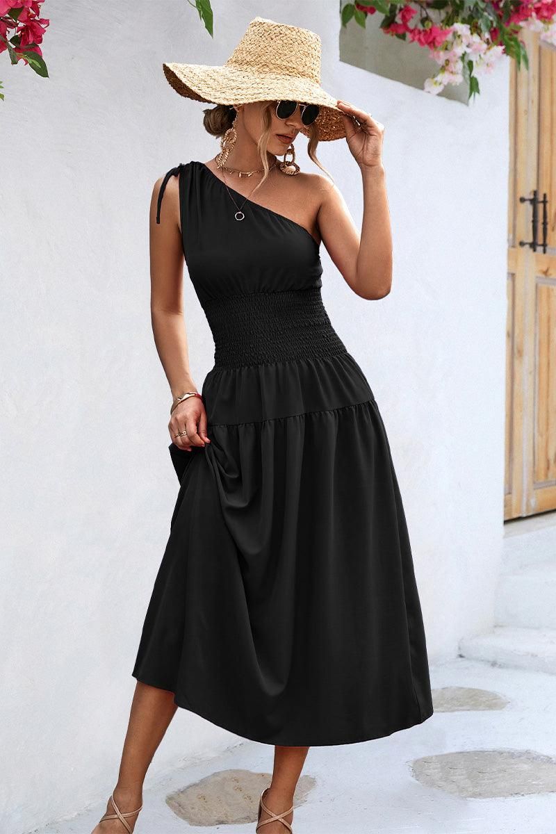 HALF OFF SHOULDER SLIM WAIST MIDI DRESS - Doublju