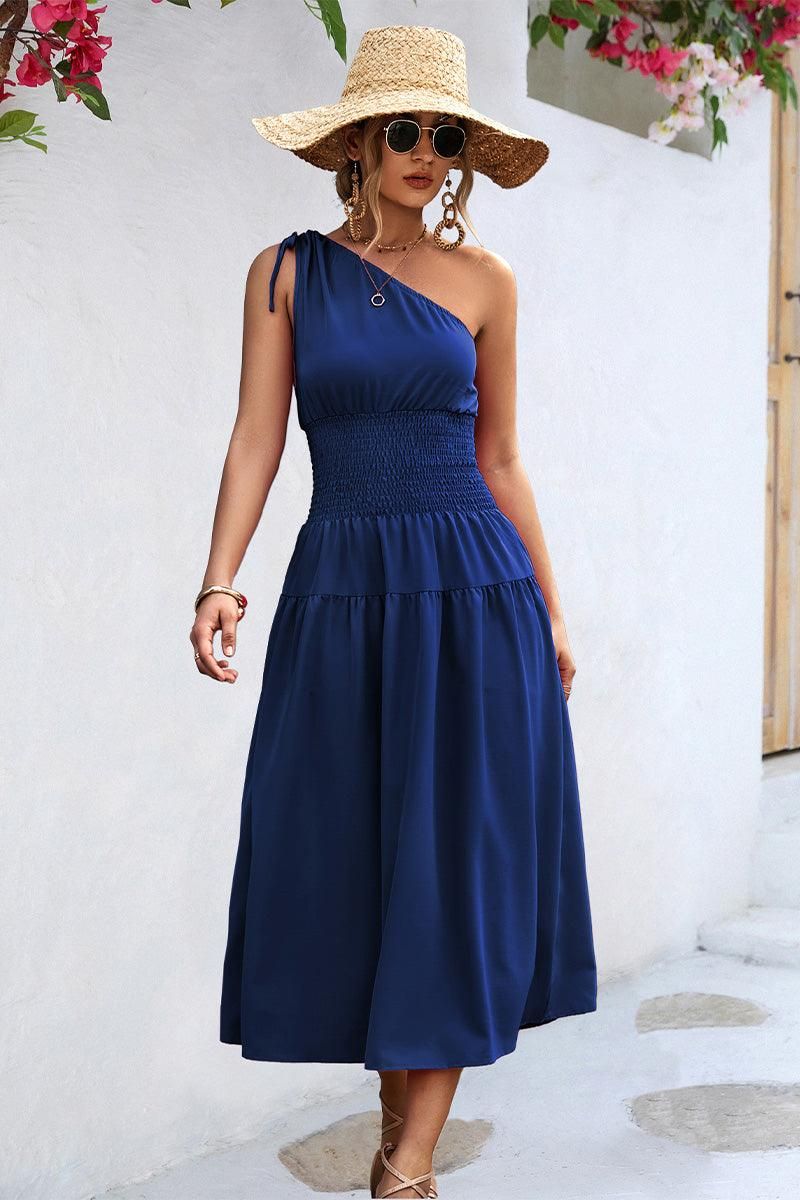 HALF OFF SHOULDER SLIM WAIST MIDI DRESS - Doublju