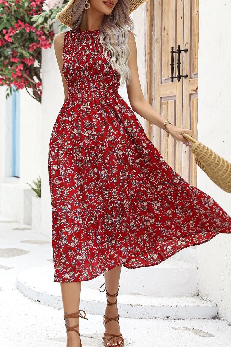 WOMEN FLORAL PRINTING SLEEVELESS MID DRESS - Doublju