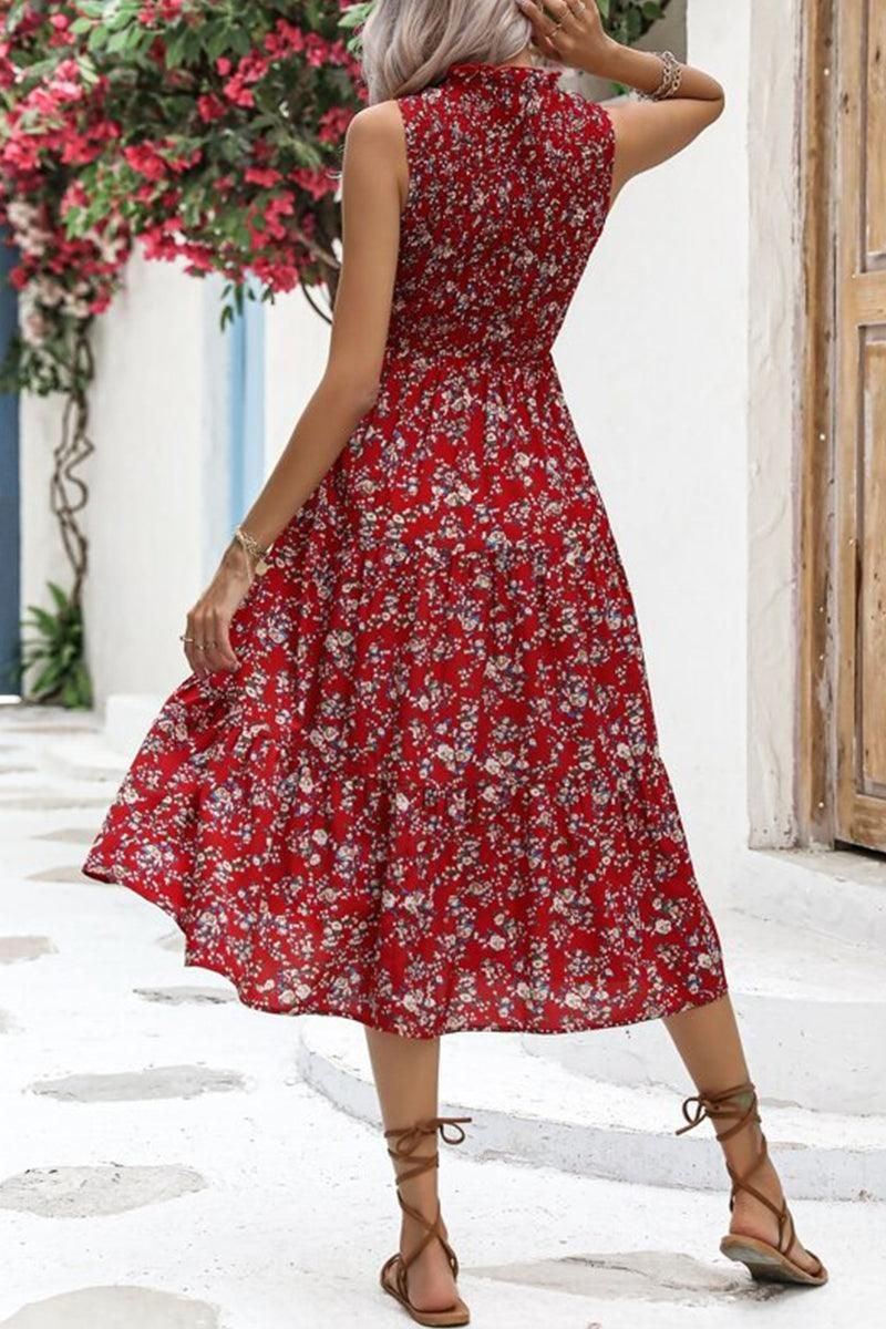 WOMEN FLORAL PRINTING SLEEVELESS MID DRESS - Doublju