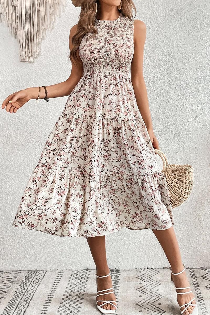 WOMEN FLORAL PRINTING SLEEVELESS MID DRESS - Doublju