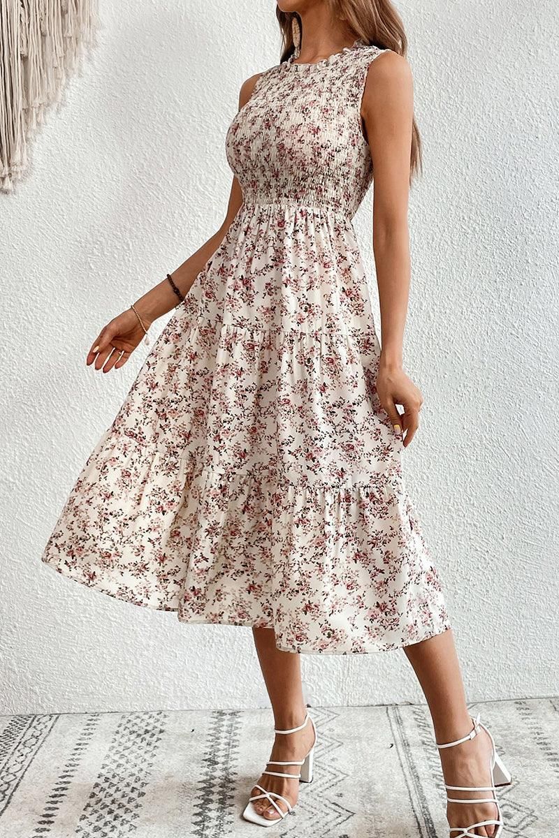 WOMEN FLORAL PRINTING SLEEVELESS MID DRESS - Doublju