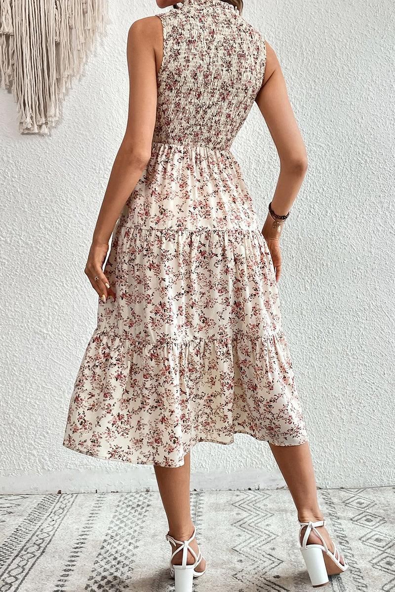 WOMEN FLORAL PRINTING SLEEVELESS MID DRESS - Doublju