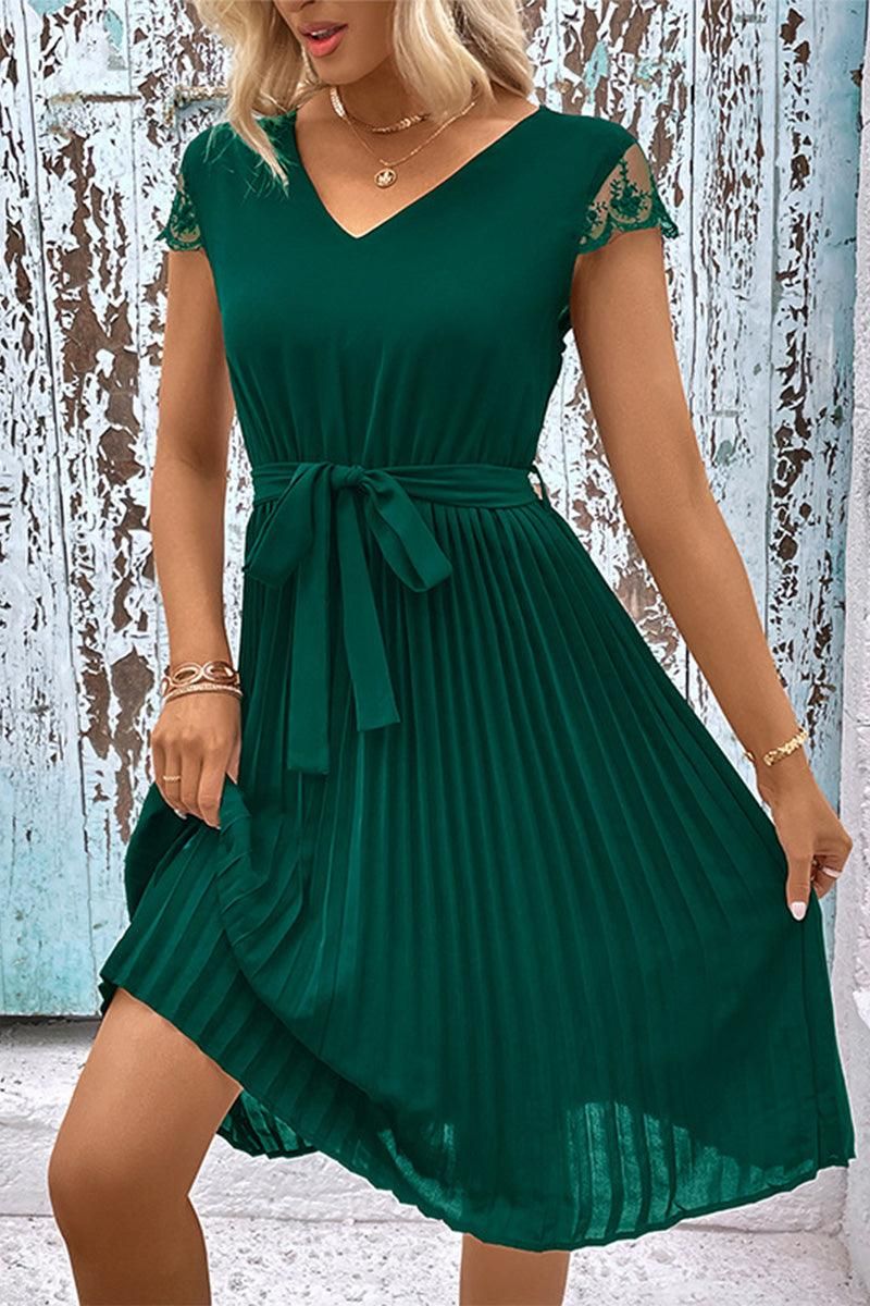 LACE DETAILED SLEEVELESS V NECK DRESS - Doublju