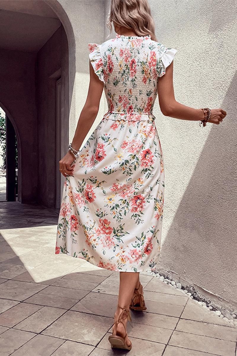 FLORAL MIDI SLEEVELESS DRESS - Doublju