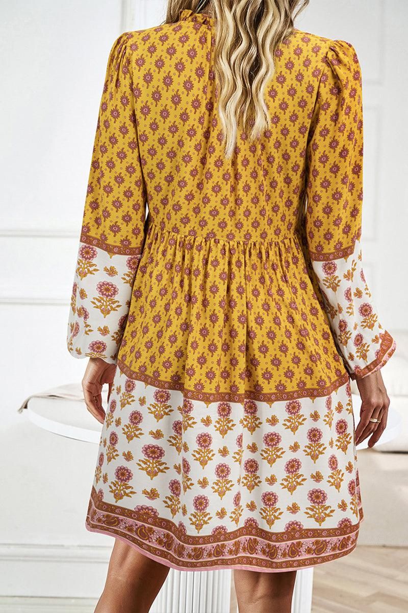 V NECK DRESS WITH SUNFLOWER PATTERN - Doublju