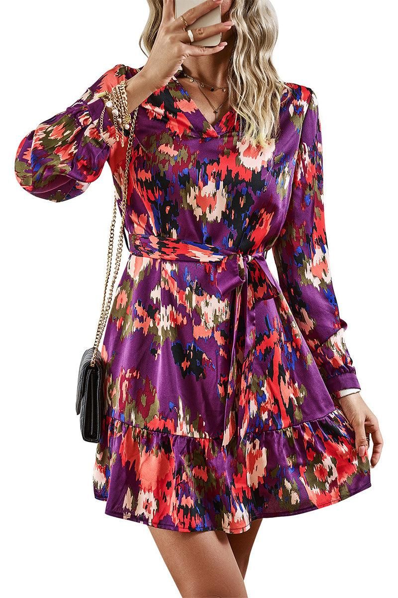 V NECK PRINTED WEAR BELT SHIRT DRESS - Doublju