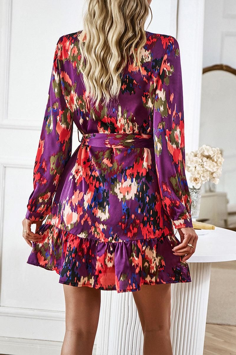 V NECK PRINTED WEAR BELT SHIRT DRESS - Doublju