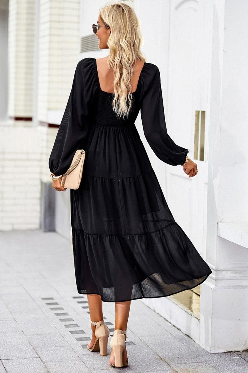 SQUARED NECK LANTERN SLEEVE SOLID DRESS - Doublju