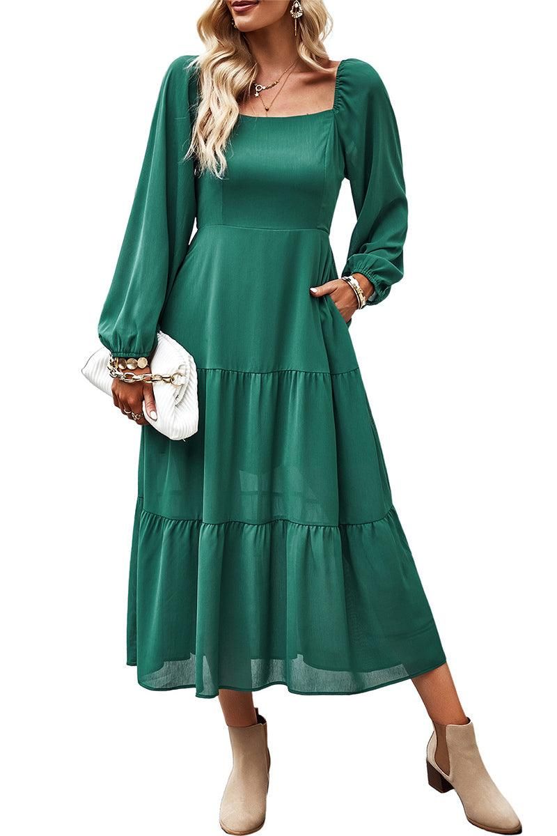 SQUARED NECK LANTERN SLEEVE SOLID DRESS - Doublju