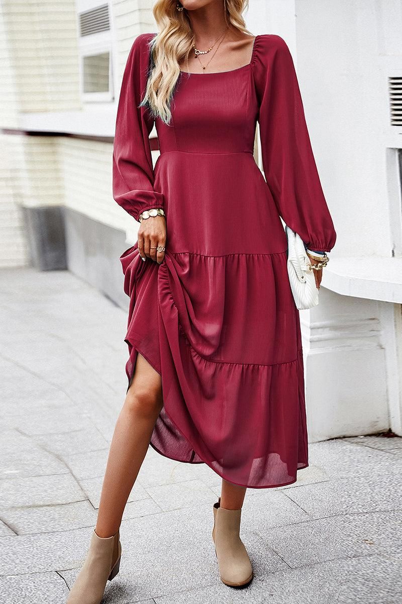 SQUARED NECK LANTERN SLEEVE SOLID DRESS - Doublju