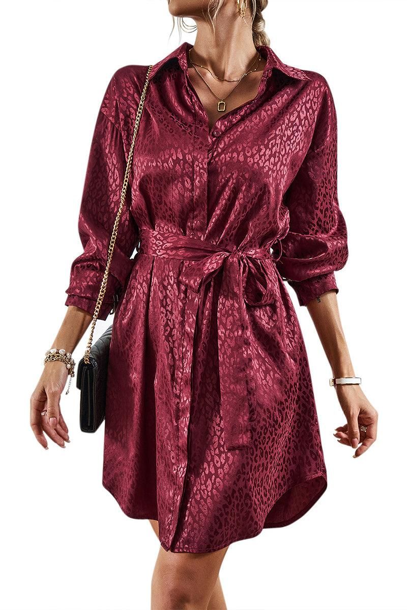 TIED LEOPARD PRINT SHIRT DRESS - Doublju