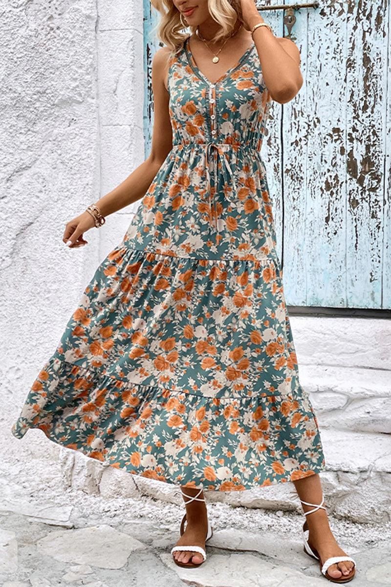 WOMEN FLORAL SLEEVELESS TIERED DRESS - Doublju