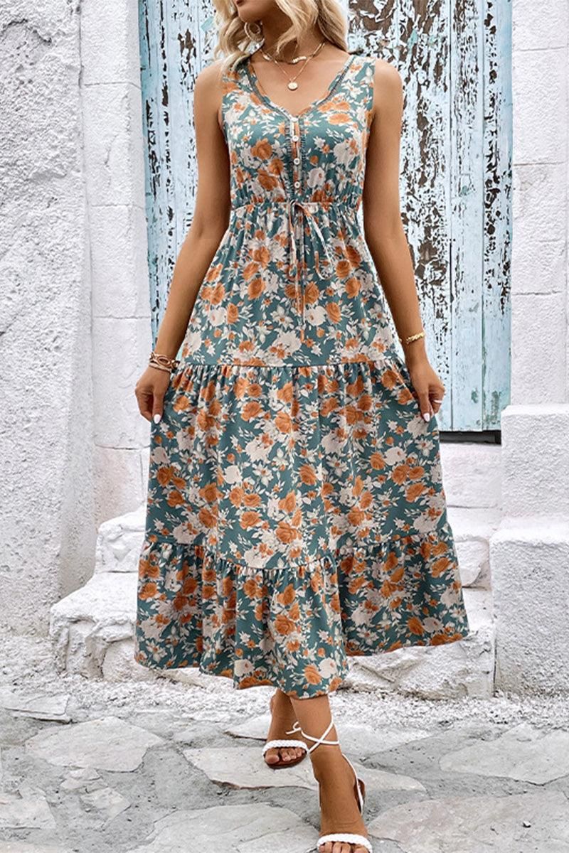 WOMEN FLORAL SLEEVELESS TIERED DRESS - Doublju