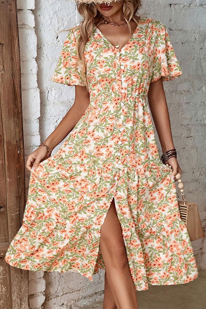 WOMEN FLORAL BUTTON DOWN CAPE SLEEVE V NECK DRESS - Doublju