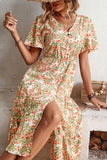 WOMEN FLORAL BUTTON DOWN CAPE SLEEVE V NECK DRESS - Doublju