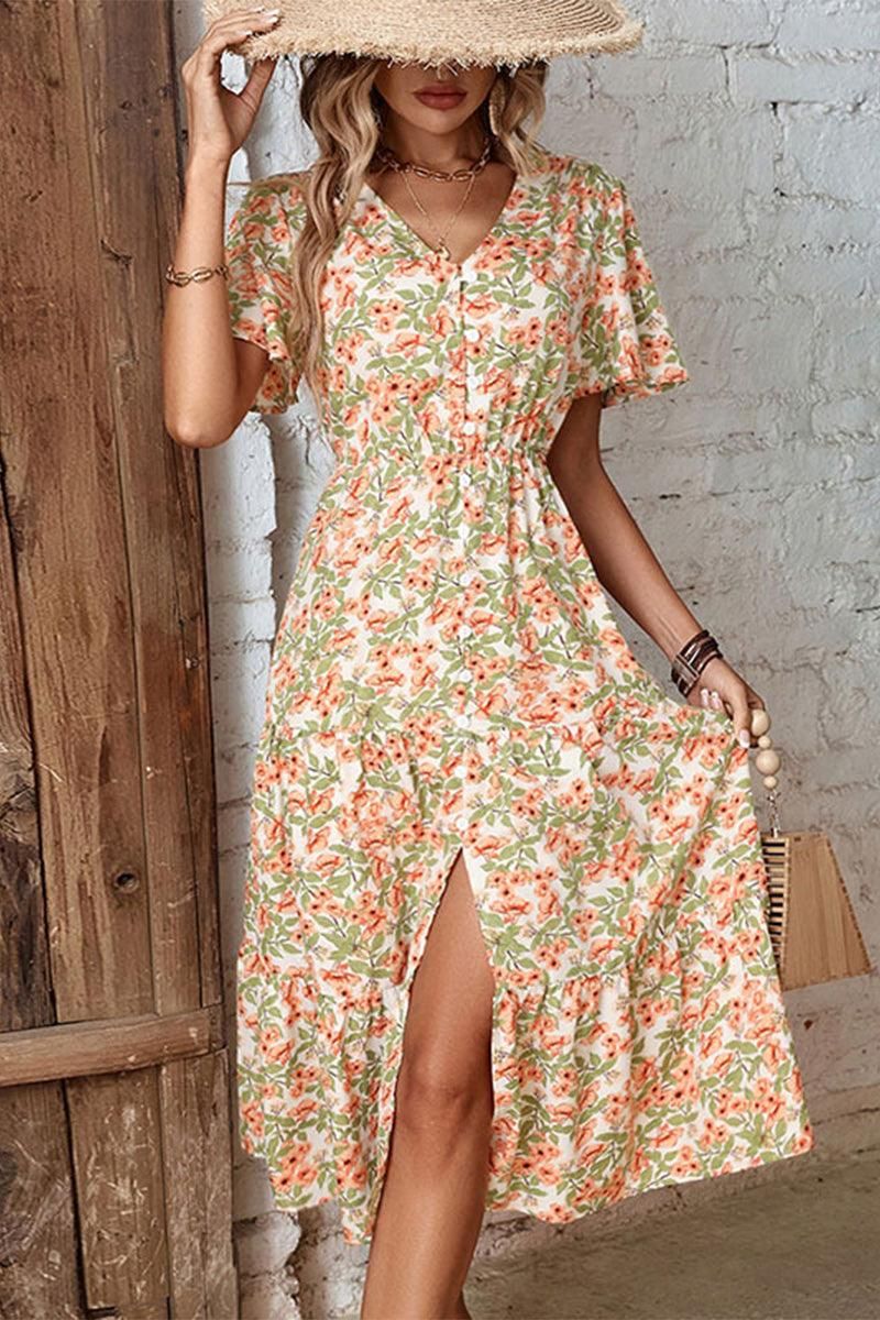 WOMEN FLORAL BUTTON DOWN CAPE SLEEVE V NECK DRESS - Doublju