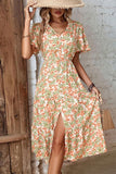 WOMEN FLORAL BUTTON DOWN CAPE SLEEVE V NECK DRESS - Doublju