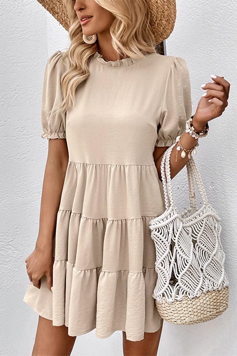 RUFFLED PUFF SLEEVE TIERED CAKE DRESS - Doublju