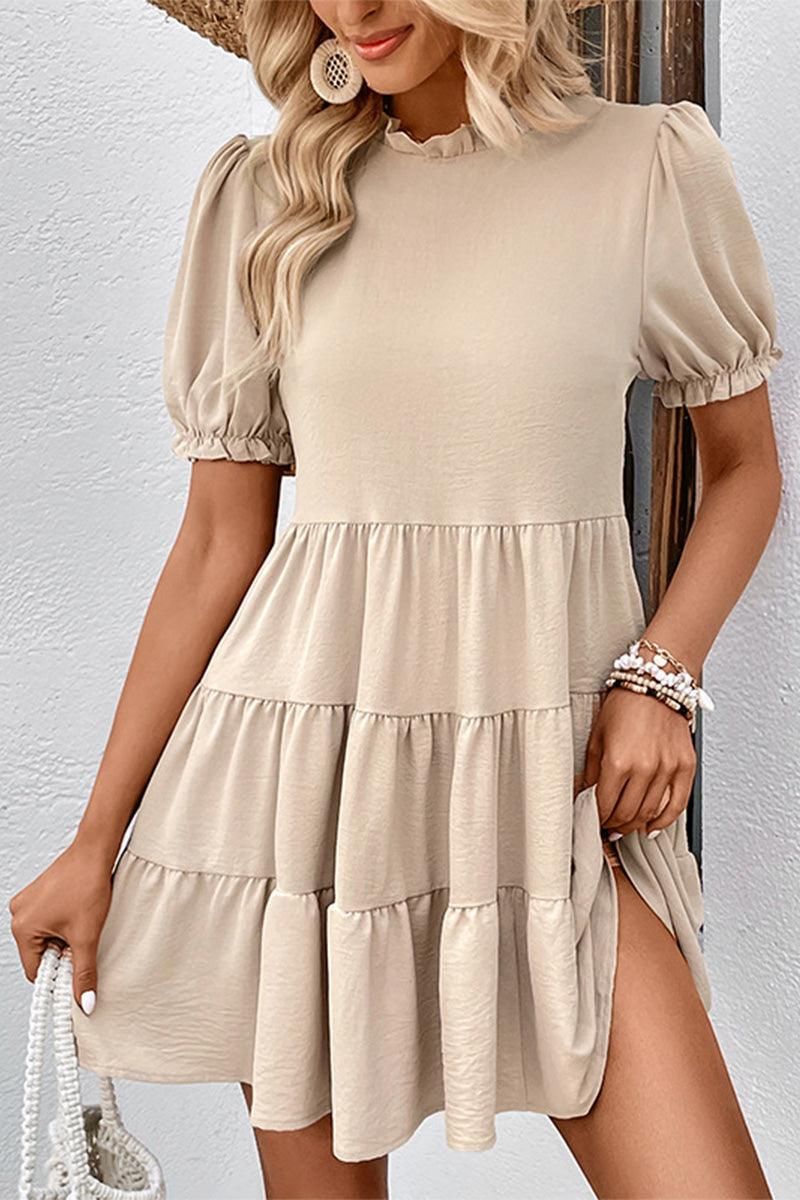 RUFFLED PUFF SLEEVE TIERED CAKE DRESS - Doublju