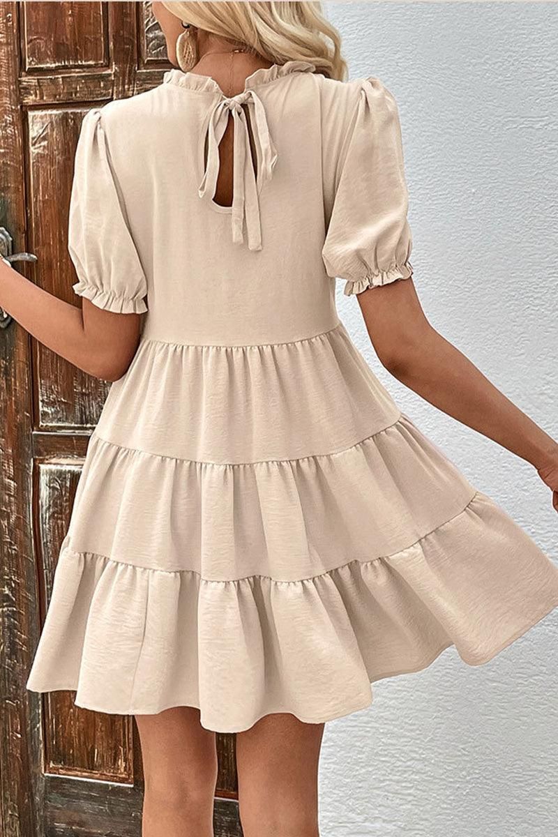 RUFFLED PUFF SLEEVE TIERED CAKE DRESS - Doublju