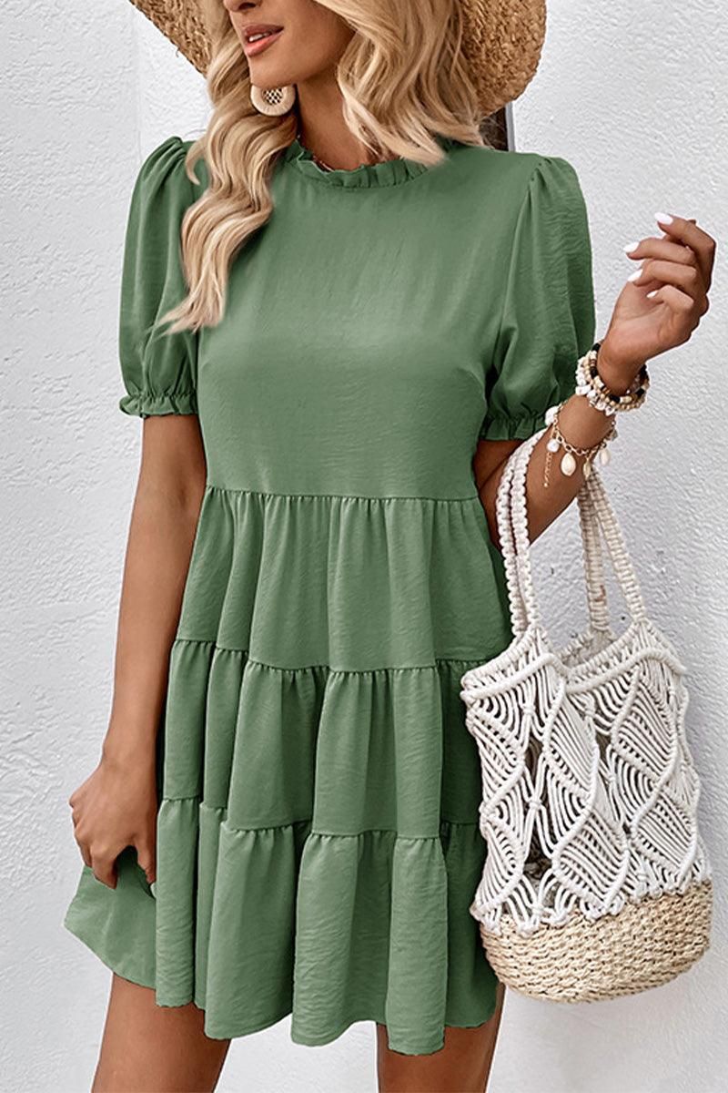 RUFFLED PUFF SLEEVE TIERED CAKE DRESS - Doublju