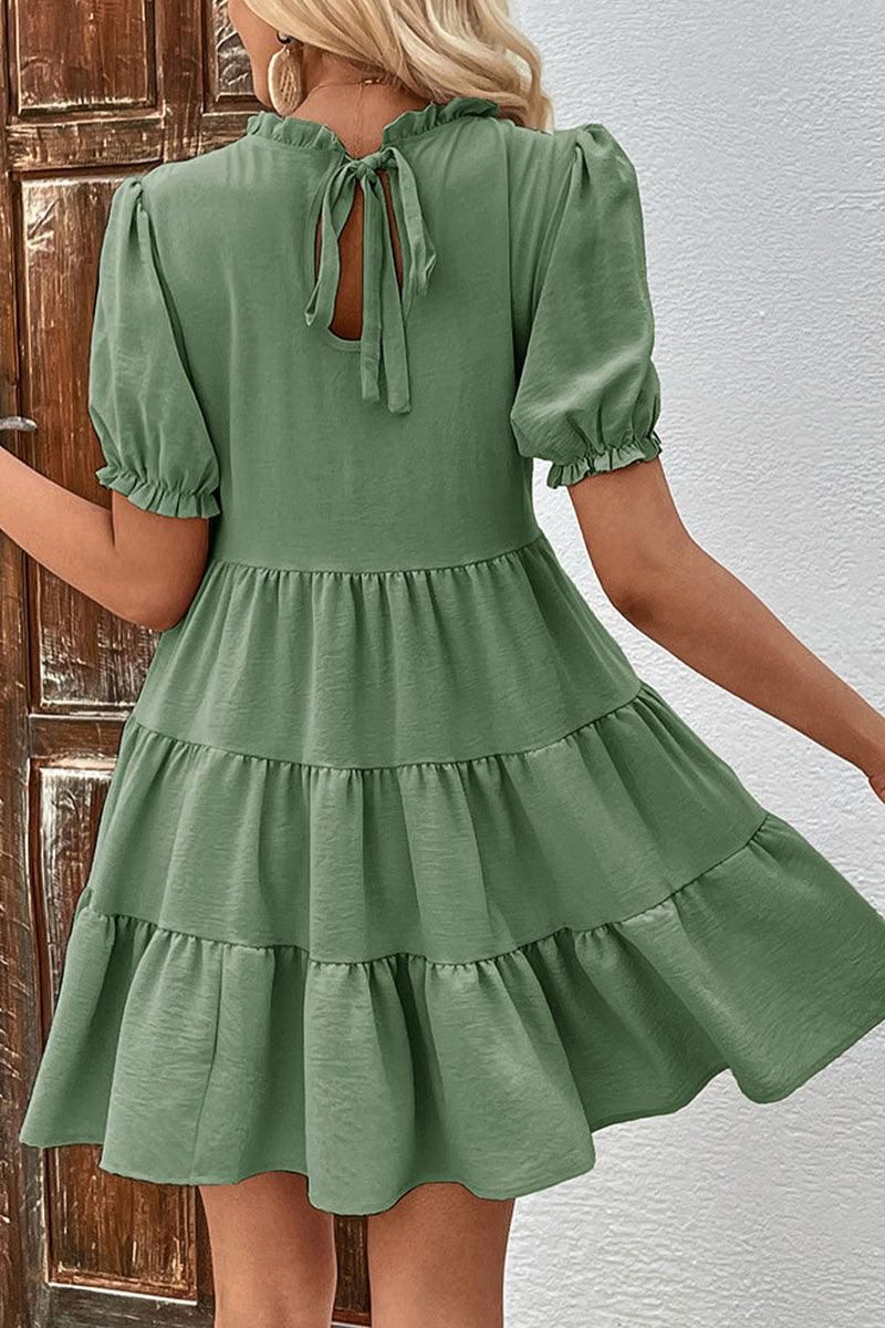 RUFFLED PUFF SLEEVE TIERED CAKE DRESS - Doublju