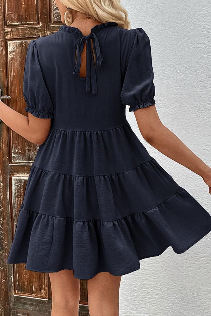 RUFFLED PUFF SLEEVE TIERED CAKE DRESS - Doublju