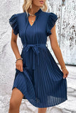 WOMEN RUFFLED HIGH NECK PLEATED KNEE LENGTH DRESS - Doublju