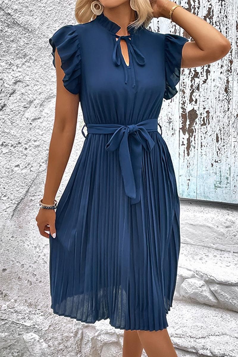 WOMEN RUFFLED HIGH NECK PLEATED KNEE LENGTH DRESS - Doublju