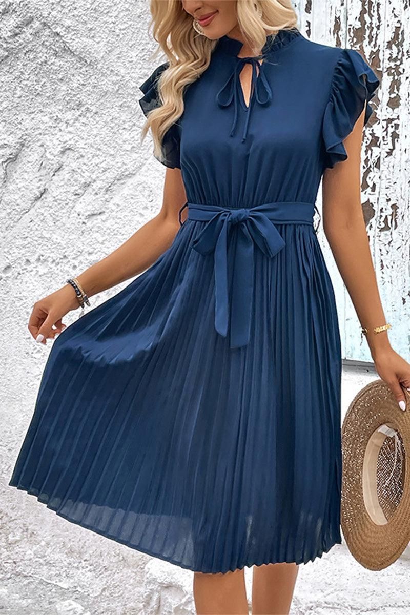 WOMEN RUFFLED HIGH NECK PLEATED KNEE LENGTH DRESS - Doublju