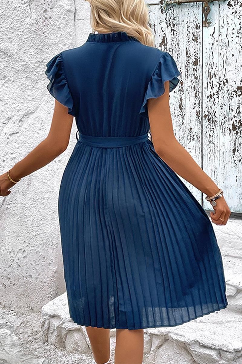 WOMEN RUFFLED HIGH NECK PLEATED KNEE LENGTH DRESS - Doublju