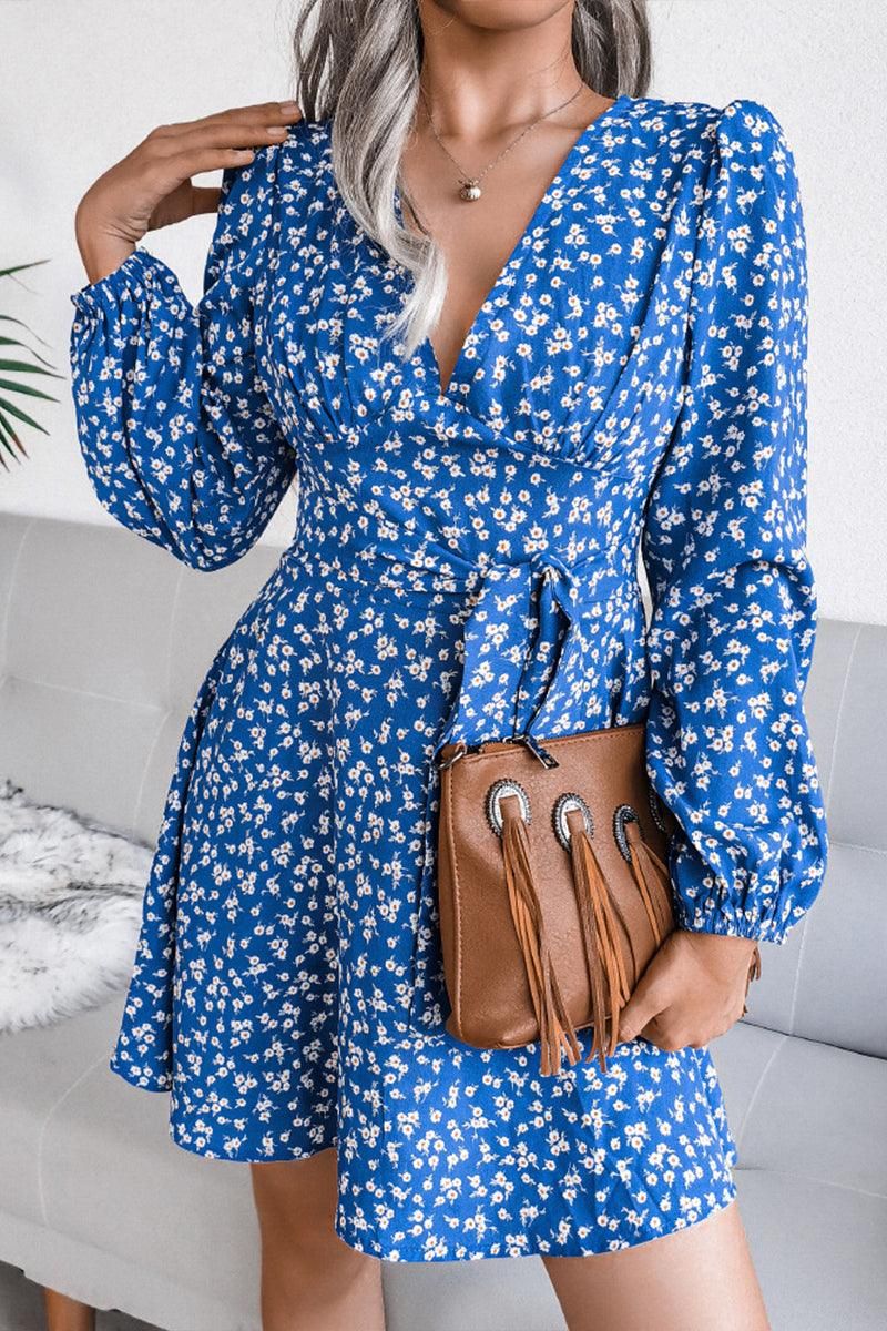 V NECK LONG SLEEVE FLORAL CHIFFON DRESS - Doublju