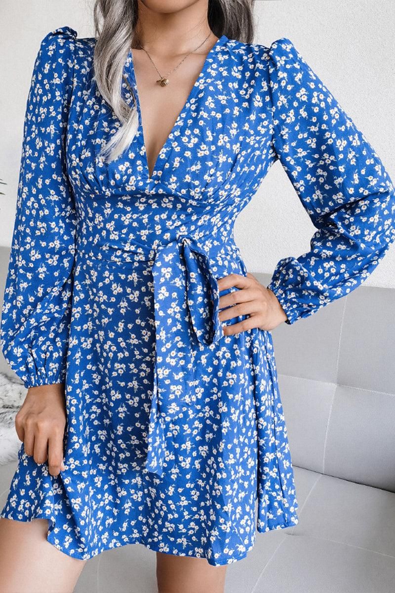 V NECK LONG SLEEVE FLORAL CHIFFON DRESS - Doublju