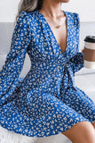 V NECK LONG SLEEVE FLORAL CHIFFON DRESS - Doublju