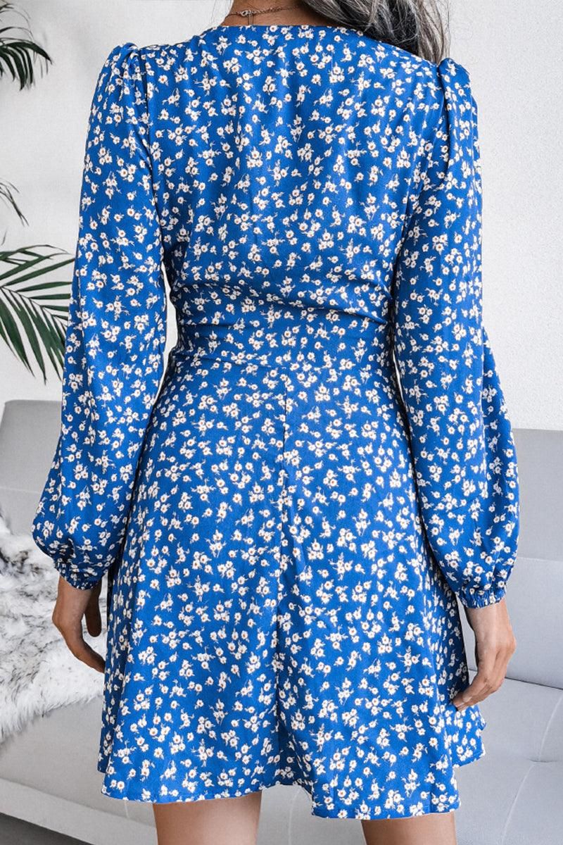 V NECK LONG SLEEVE FLORAL CHIFFON DRESS - Doublju