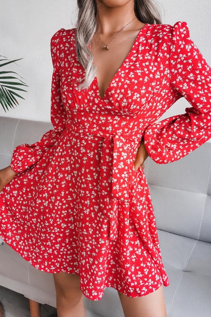 V NECK LONG SLEEVE FLORAL CHIFFON DRESS - Doublju